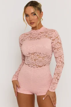 Rebellious Fashion Pink High Neck Lace Playsuit - Demi