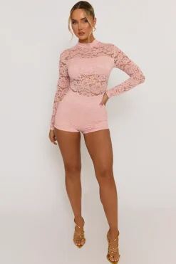 Rebellious Fashion Pink High Neck Lace Playsuit - Demi