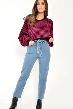 Rebellious Fashion Pink Hounds Tooth Cropped Batwing Jumper - Lizy