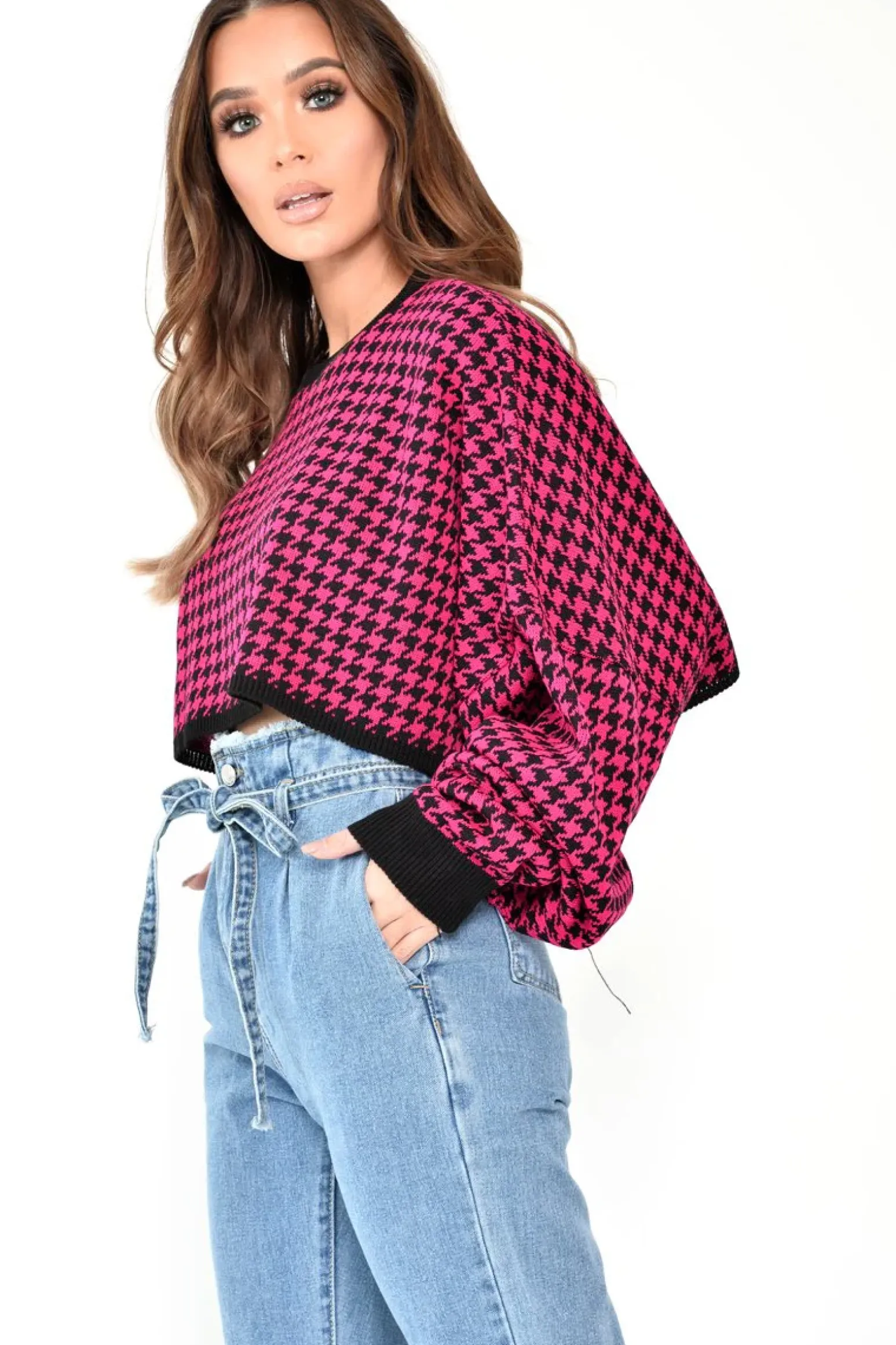 Rebellious Fashion Pink Hounds Tooth Cropped Batwing Jumper - Lizy