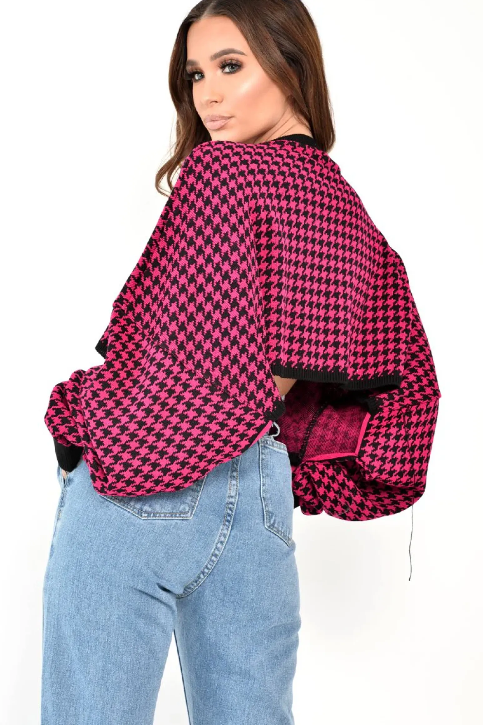 Rebellious Fashion Pink Hounds Tooth Cropped Batwing Jumper - Lizy