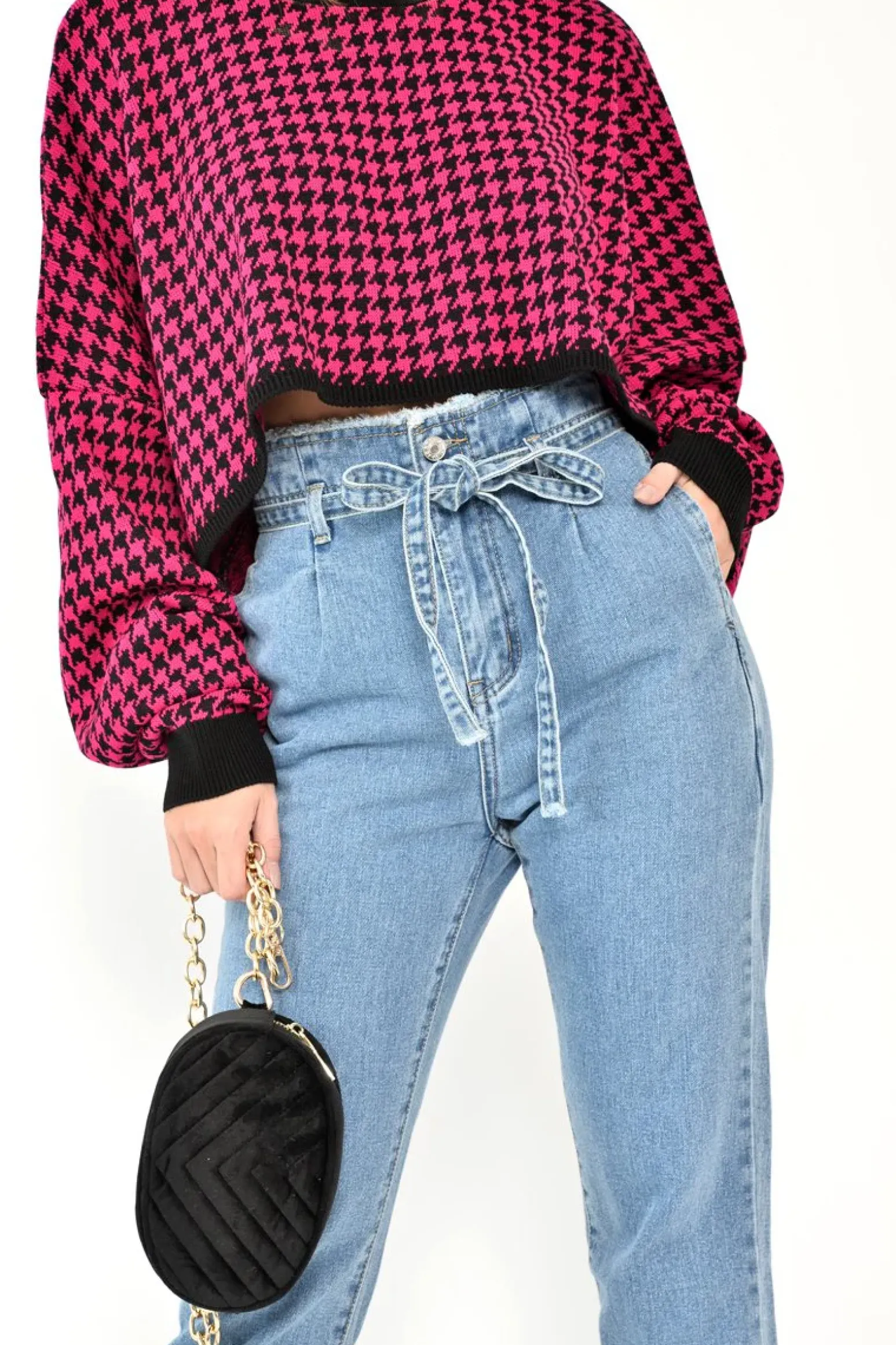 Rebellious Fashion Pink Hounds Tooth Cropped Batwing Jumper - Lizy