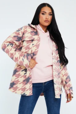 Rebellious Fashion Pink Houndstooth Pocket Front Shacket - Reem