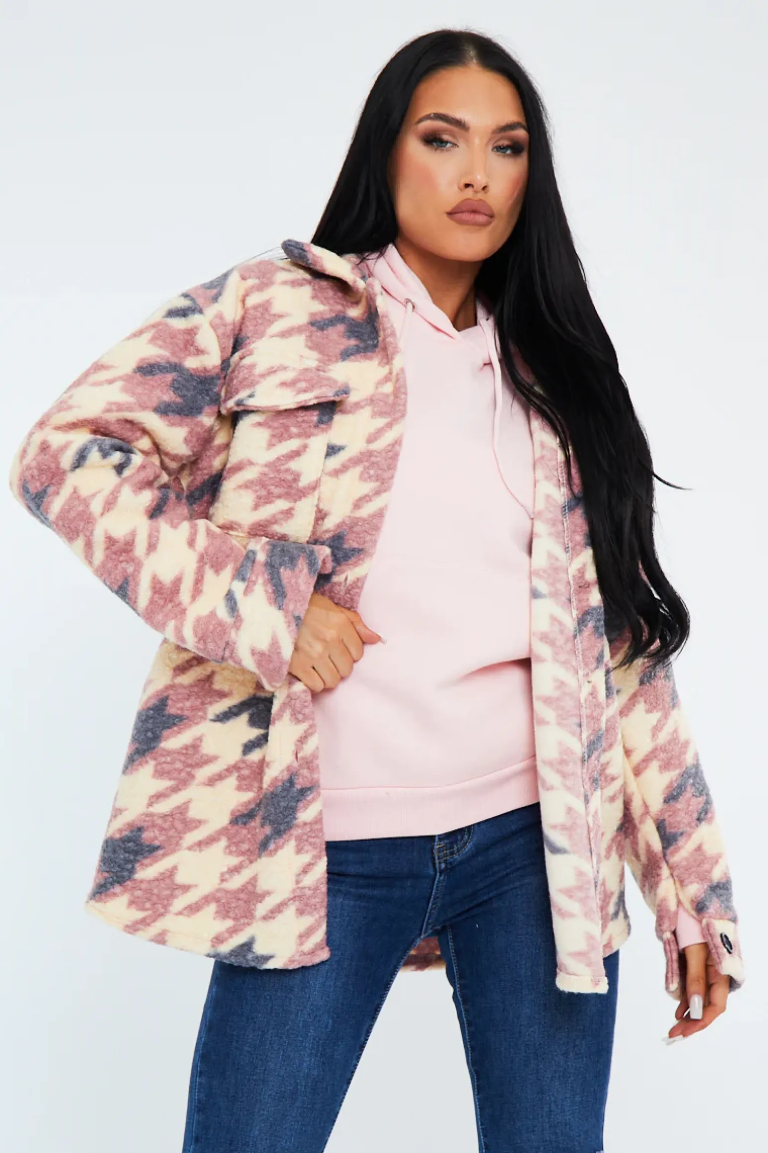 Rebellious Fashion Pink Houndstooth Pocket Front Shacket - Reem