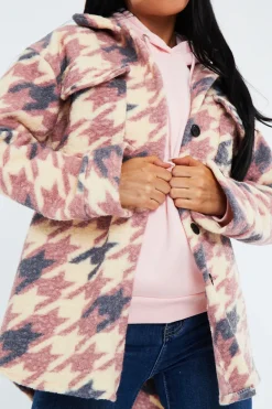 Rebellious Fashion Pink Houndstooth Pocket Front Shacket - Reem