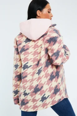 Rebellious Fashion Pink Houndstooth Pocket Front Shacket - Reem