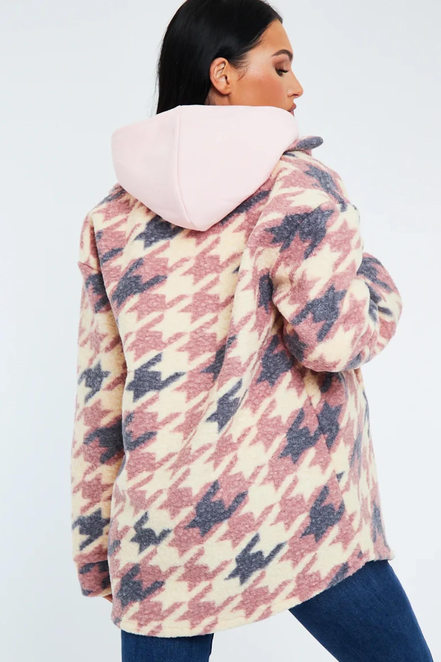 Rebellious Fashion Pink Houndstooth Pocket Front Shacket - Reem
