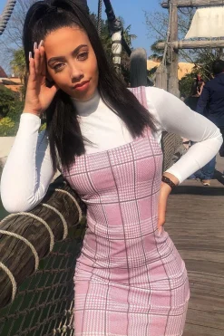 Rebellious Fashion Pink Houndstooth Straight Neck Crepe Mini Dress - Khalie