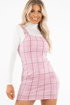 Rebellious Fashion Pink Houndstooth Straight Neck Crepe Mini Dress - Khalie