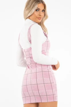 Rebellious Fashion Pink Houndstooth Straight Neck Crepe Mini Dress - Khalie