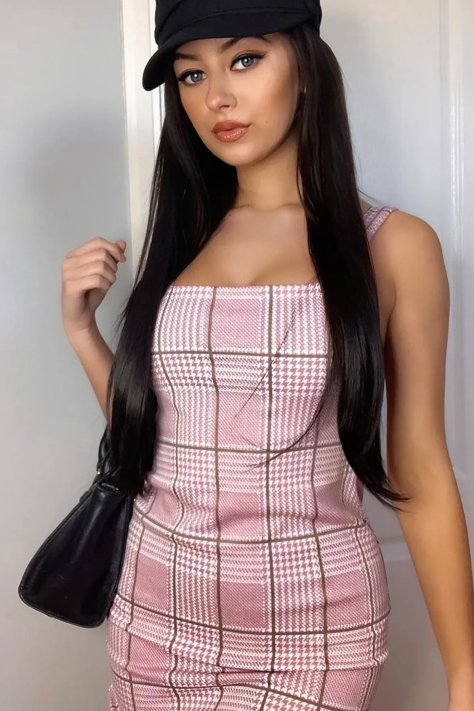 Rebellious Fashion Pink Houndstooth Straight Neck Crepe Mini Dress - Khalie