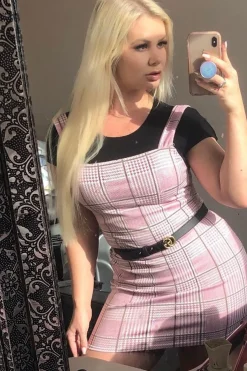 Rebellious Fashion Pink Houndstooth Straight Neck Crepe Mini Dress - Khalie
