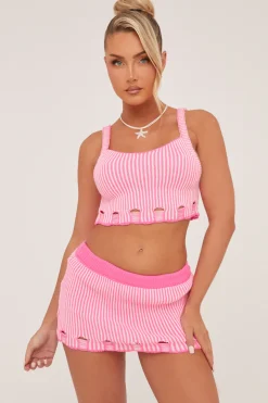 Rebellious Fashion Pink Knit Laddering Effect Cropped Top & Mini Skirt Co-ord Set - Amelia