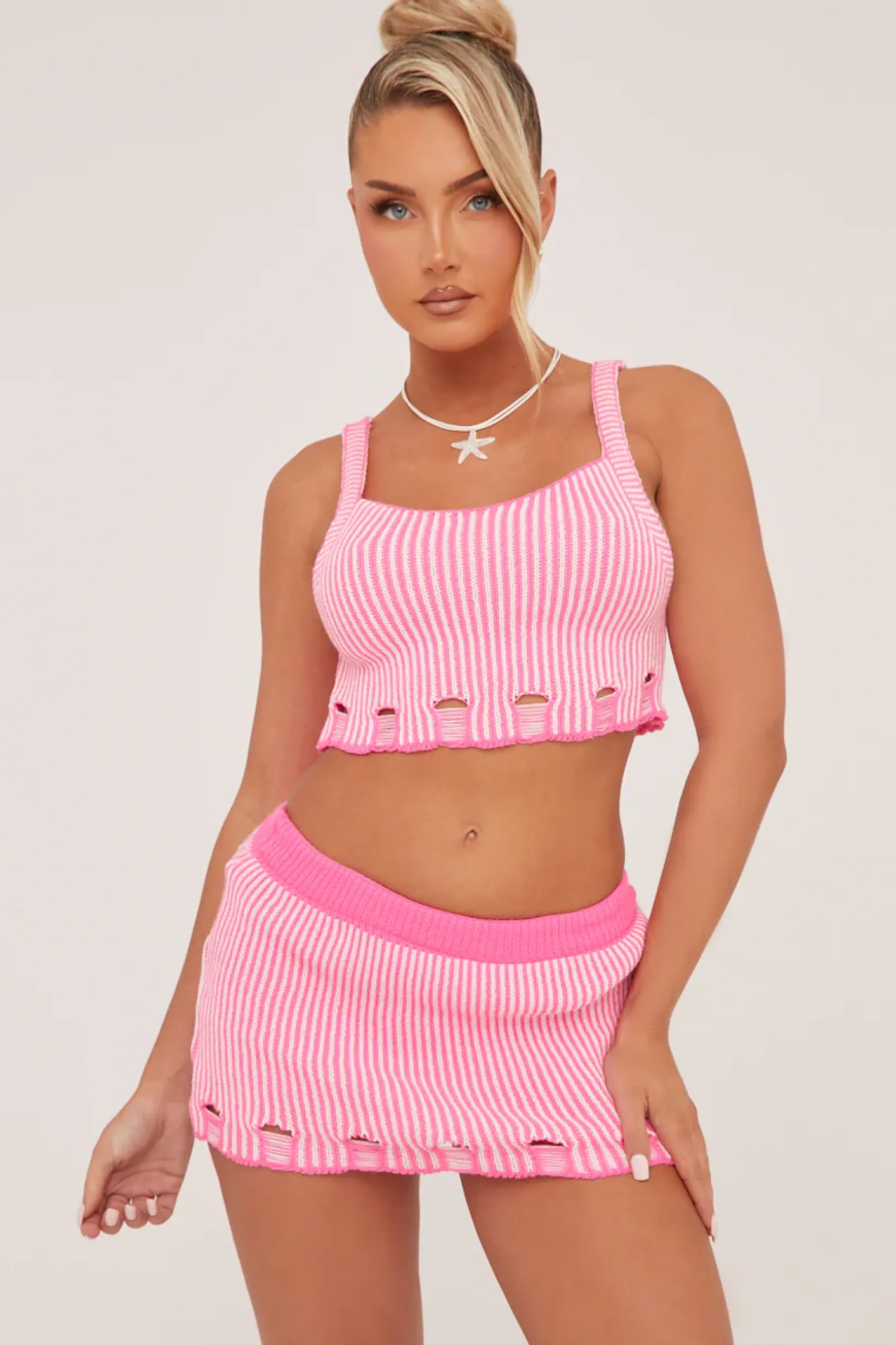 Rebellious Fashion Pink Knit Laddering Effect Cropped Top & Mini Skirt Co-ord Set - Amelia