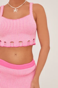 Rebellious Fashion Pink Knit Laddering Effect Cropped Top & Mini Skirt Co-ord Set - Amelia