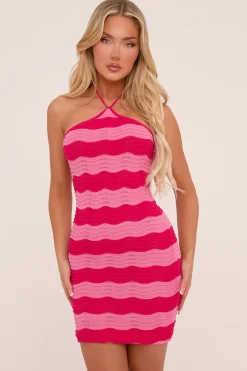 Rebellious Fashion Pink Knit Striped Halter Neck Mini Dress - Lottie