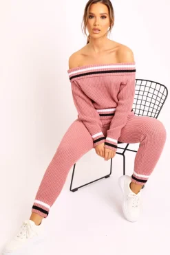 Rebellious Fashion Pink Knitted Bardot Jumper Legging Loungewear Co-ord - Neala