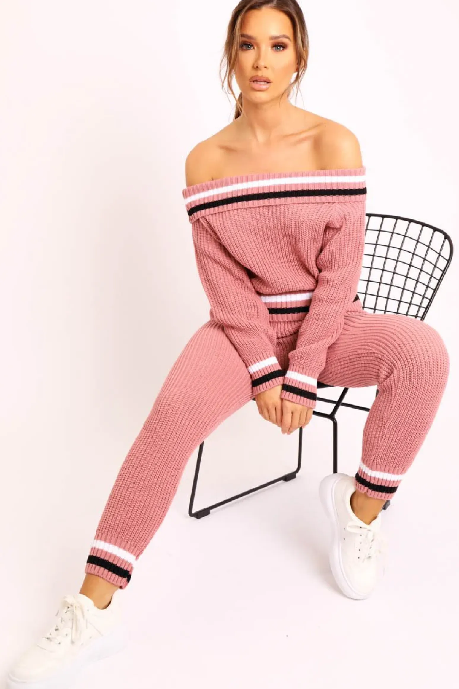 Rebellious Fashion Pink Knitted Bardot Jumper Legging Loungewear Co-ord - Neala