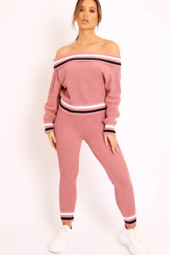 Rebellious Fashion Pink Knitted Bardot Jumper Legging Loungewear Co-ord - Neala
