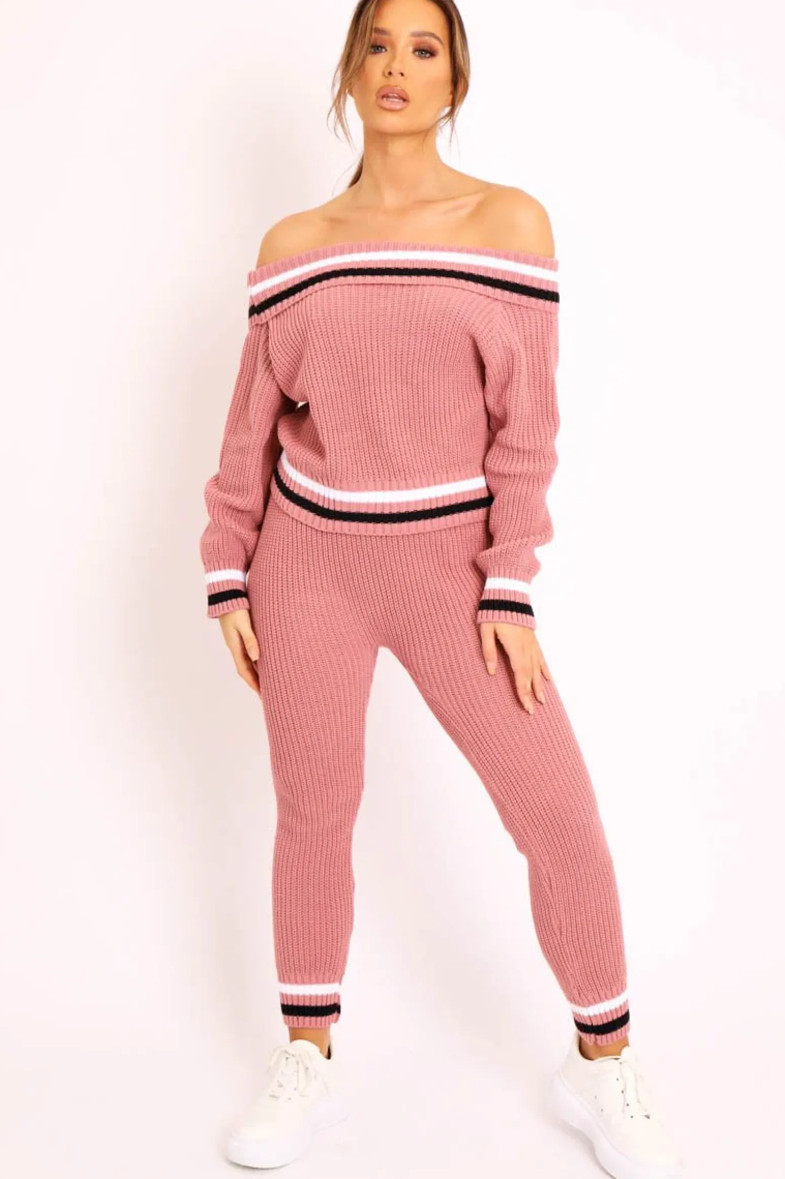Rebellious Fashion Pink Knitted Bardot Jumper Legging Loungewear Co-ord - Neala