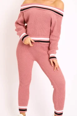Rebellious Fashion Pink Knitted Bardot Jumper Legging Loungewear Co-ord - Neala