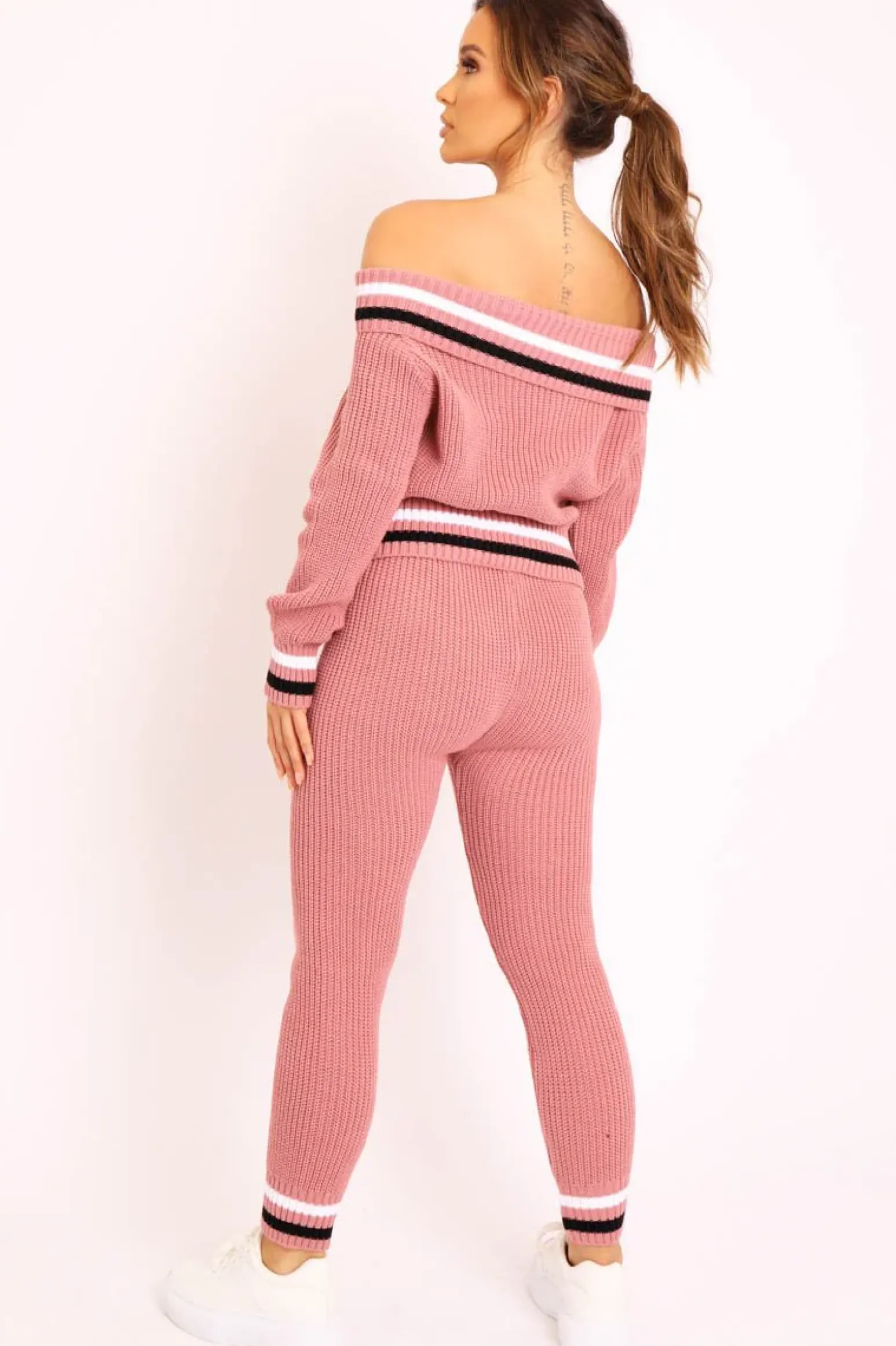 Rebellious Fashion Pink Knitted Bardot Jumper Legging Loungewear Co-ord - Neala