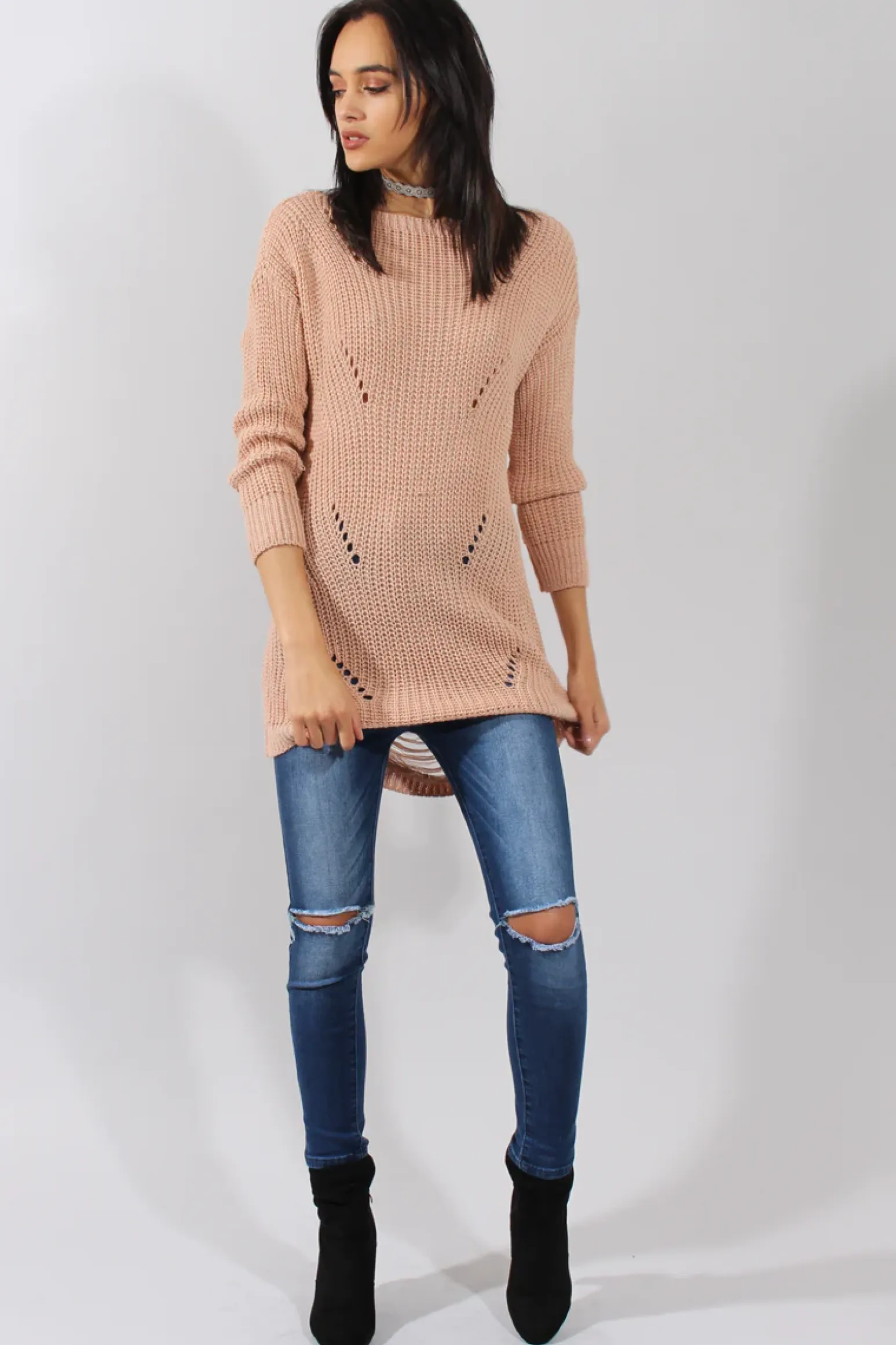 Rebellious Fashion Pink Knitted Distressed Back Jumper Dress - Cara