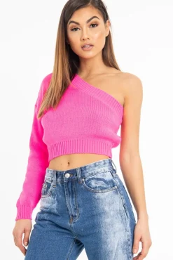 Rebellious Fashion Pink Knitted One Shoulder Jumper - Jayleah