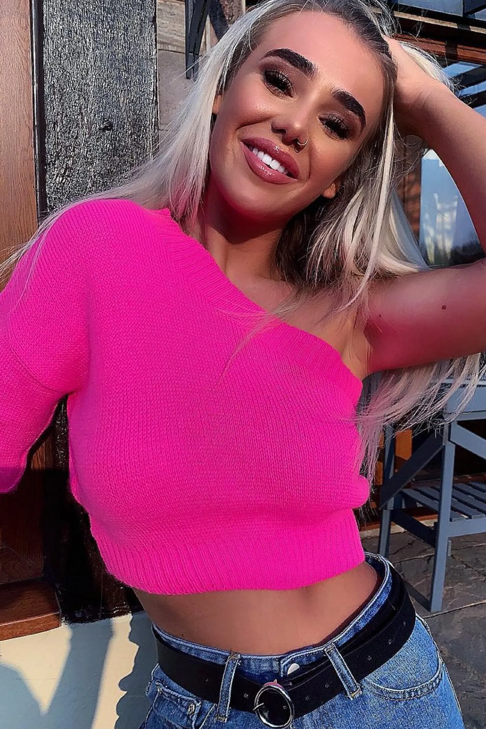 Rebellious Fashion Pink Knitted One Shoulder Jumper - Jayleah