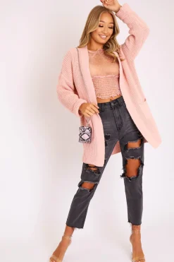 Rebellious Fashion Pink Knitted Oversized Pocket Detail Cardigan - Anna
