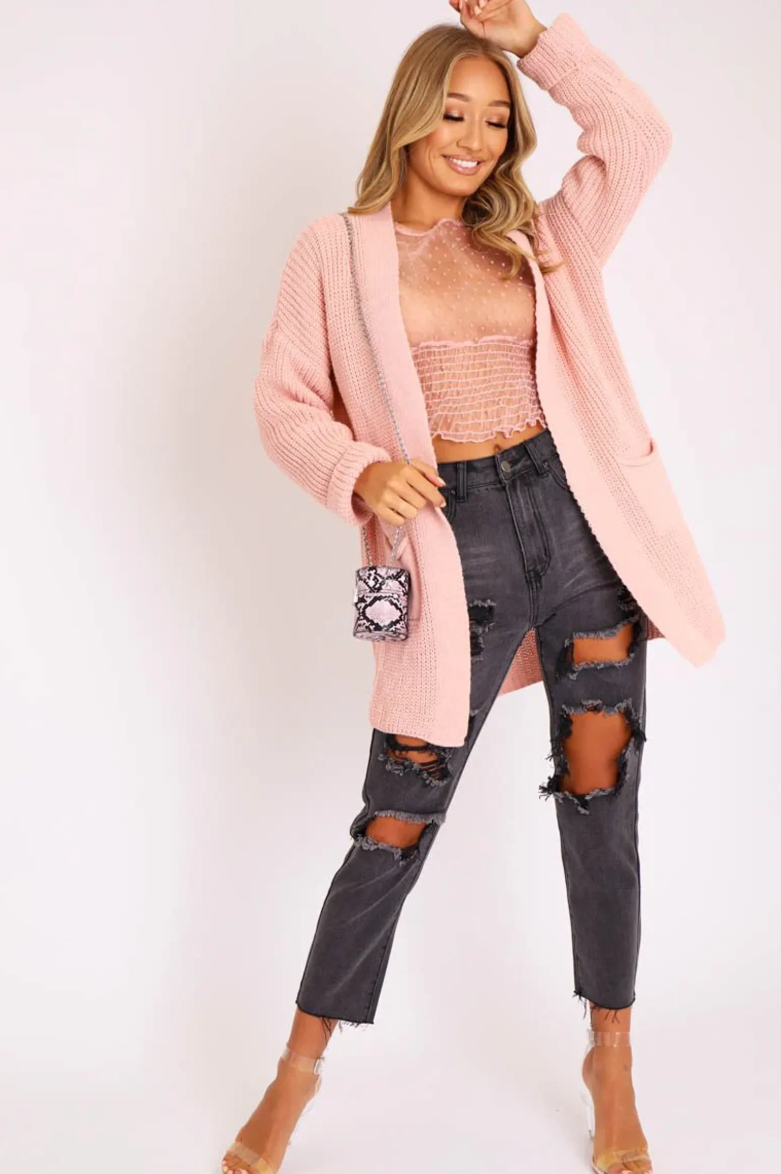 Rebellious Fashion Pink Knitted Oversized Pocket Detail Cardigan - Anna