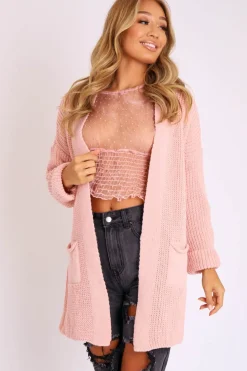 Rebellious Fashion Pink Knitted Oversized Pocket Detail Cardigan - Anna