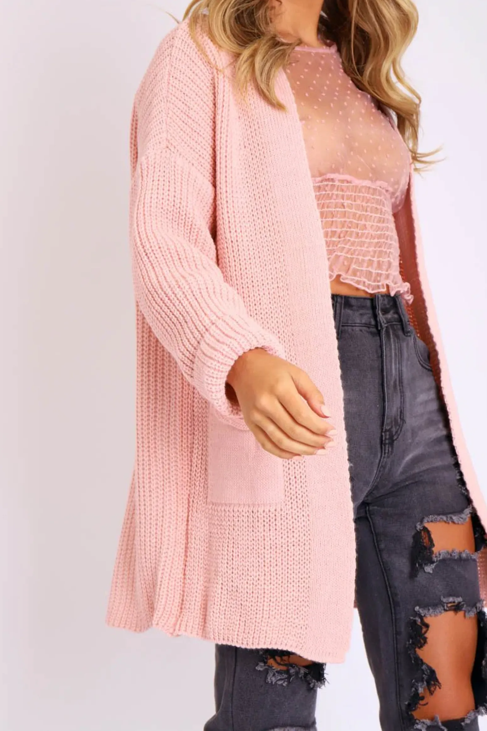 Rebellious Fashion Pink Knitted Oversized Pocket Detail Cardigan - Anna