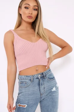 Rebellious Fashion Pink Knitted Plunge Front Vest Top - Jenova