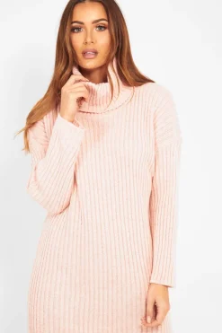 Rebellious Fashion Pink Knitted Roll Neck Jumper Dress - Cecily