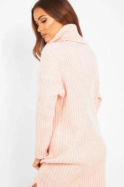 Rebellious Fashion Pink Knitted Roll Neck Jumper Dress - Cecily