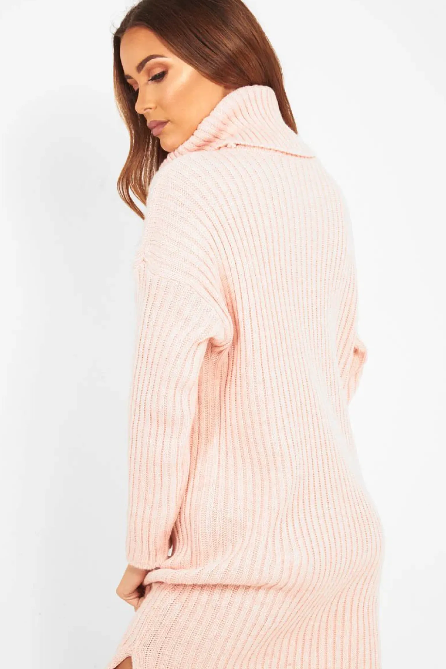 Rebellious Fashion Pink Knitted Roll Neck Jumper Dress - Cecily
