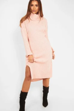 Rebellious Fashion Pink Knitted Roll Neck Jumper Dress - Cecily