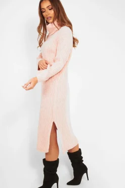 Rebellious Fashion Pink Knitted Roll Neck Jumper Dress - Cecily