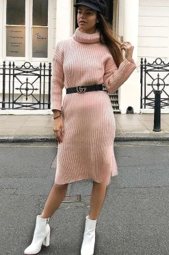 Rebellious Fashion Pink Knitted Roll Neck Jumper Dress - Cecily