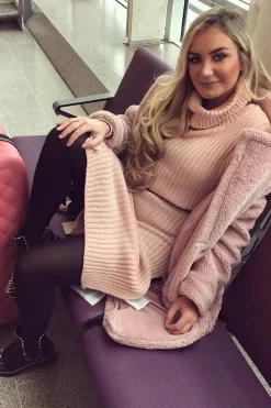 Rebellious Fashion Pink Knitted Roll Neck Jumper Dress - Cecily