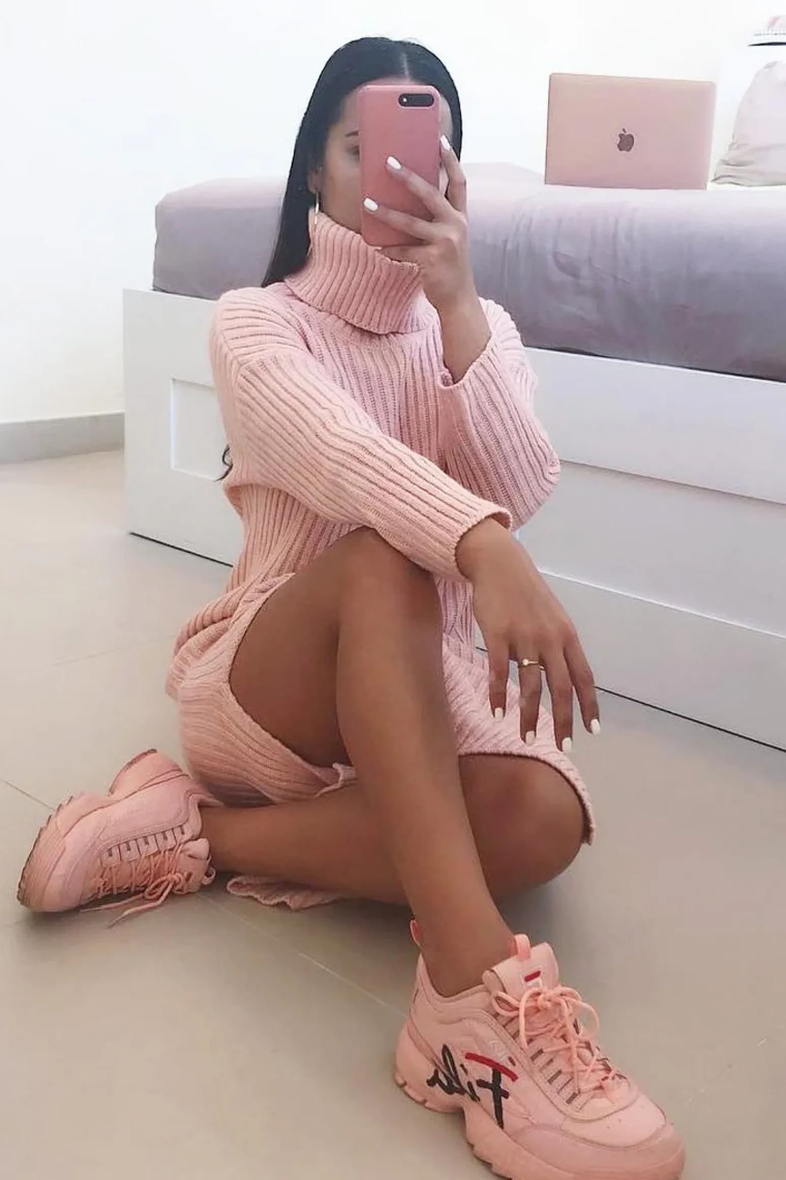 Rebellious Fashion Pink Knitted Roll Neck Jumper Dress - Cecily