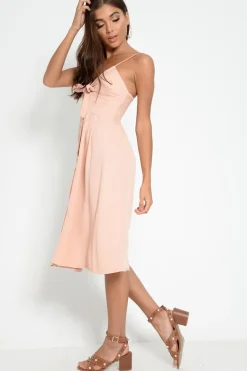 Rebellious Fashion Pink Knot Front Button Dress - Kadia
