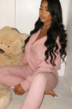Rebellious Fashion Pink Knot Front Knit Loungewear Set - Lorelei