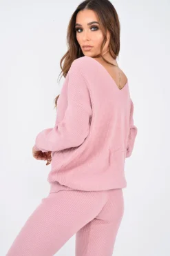 Rebellious Fashion Pink Knot Front Knit Loungewear Set - Lorelei