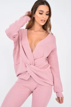 Rebellious Fashion Pink Knot Front Knit Loungewear Set - Lorelei