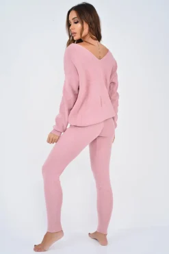 Rebellious Fashion Pink Knot Front Knit Loungewear Set - Lorelei