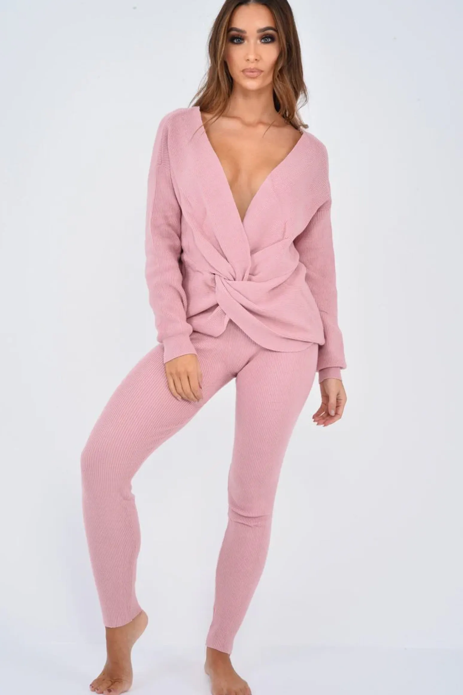 Rebellious Fashion Pink Knot Front Knit Loungewear Set - Lorelei
