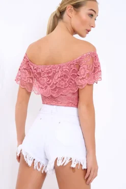 Rebellious Fashion Pink Lace Bardot Bodysuit - Rae