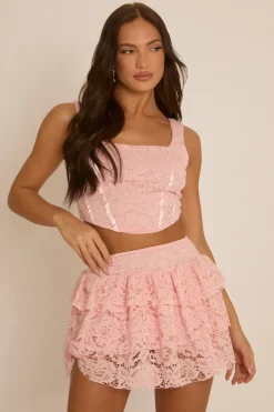 Rebellious Fashion Pink Lace Corset and Ruffle Mini Skirt Co-Ord- Ariel